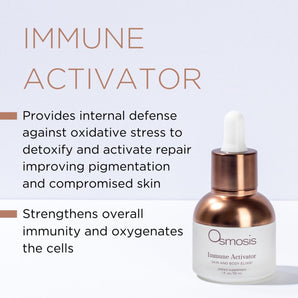 bottle of immune activator displayed with benefits in text on white background