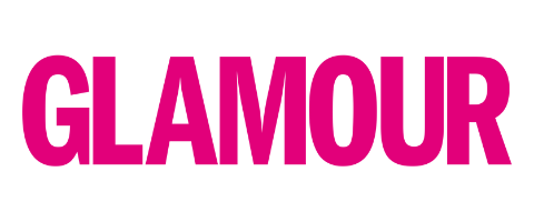 Glamour magazine press logo in hot pink capital letters on white background