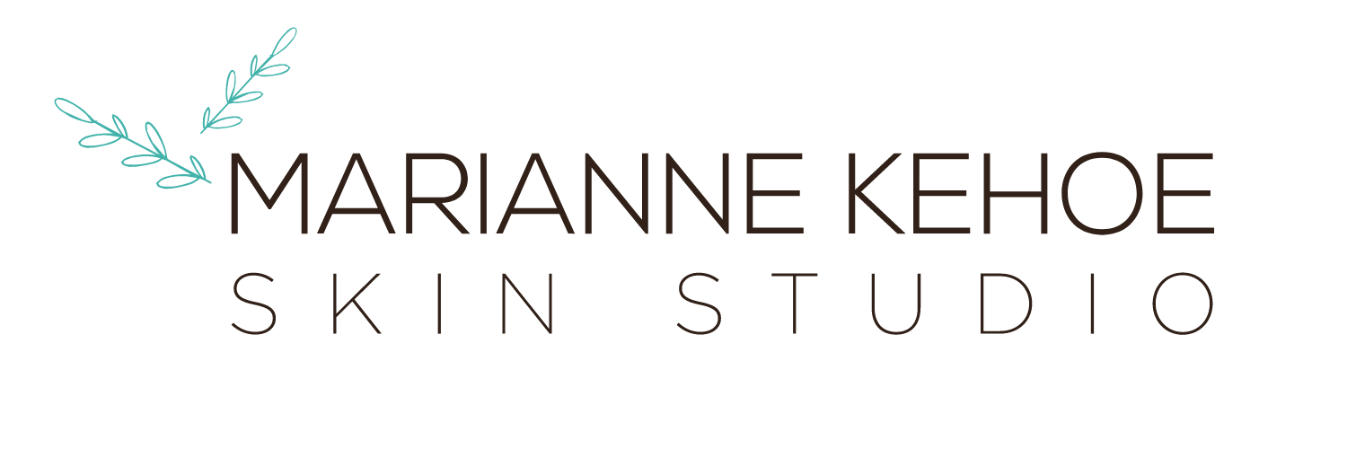 marianne kehoe skin studio logo displayed in all caps on a white background with green leaves by the M