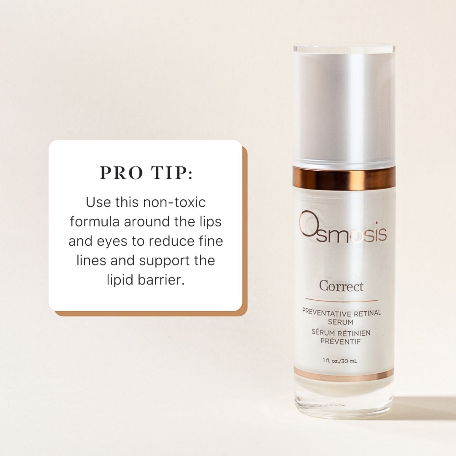 bottle of osmosis correct skincare with pro tip text next to it