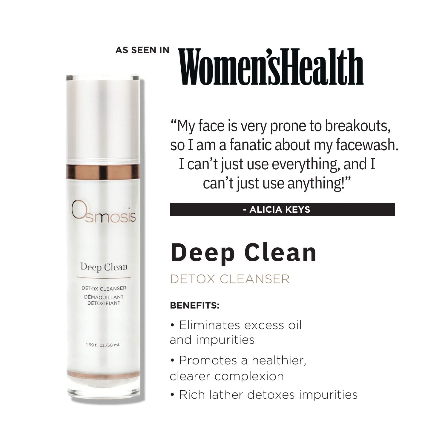 osmosis deep clean cleanser displayed with womens health testimonal