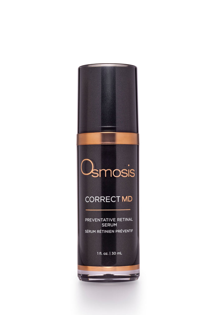Black bottle of md advanced correct preventative retinal serum by osmosis is displayed on a white background