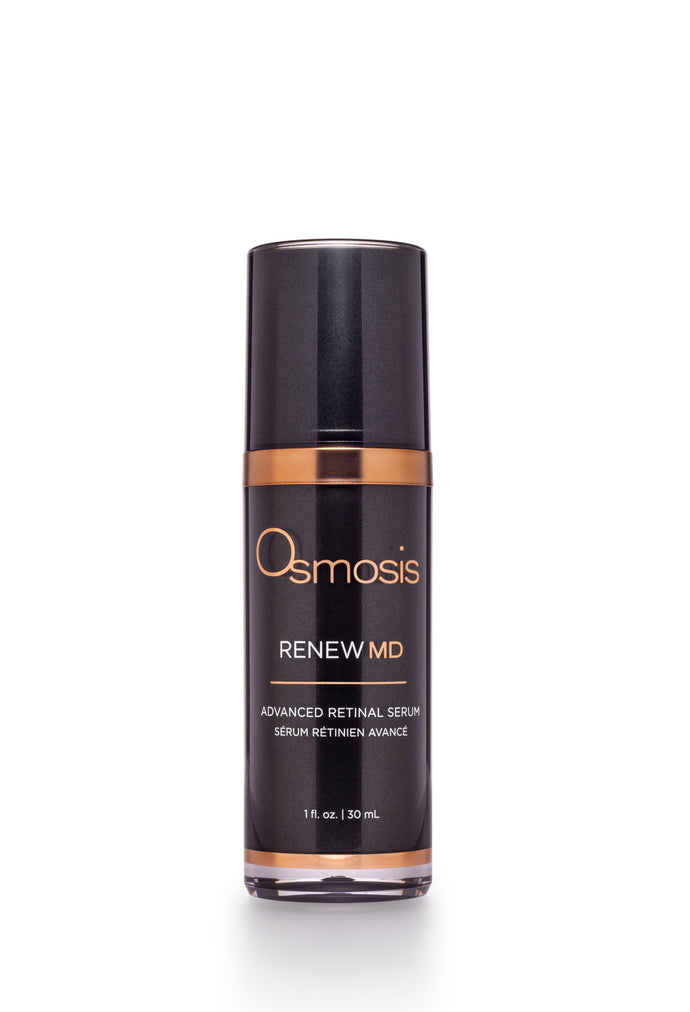 Black bottle of md advanced renew retinal serum by osmosis is displayed on a white background