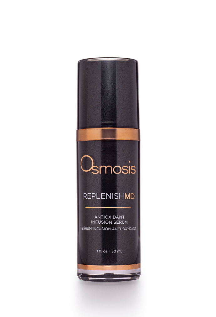 Black bottle of md advanced replenish antioxidant infusion serum by osmosis is displayed on a white background