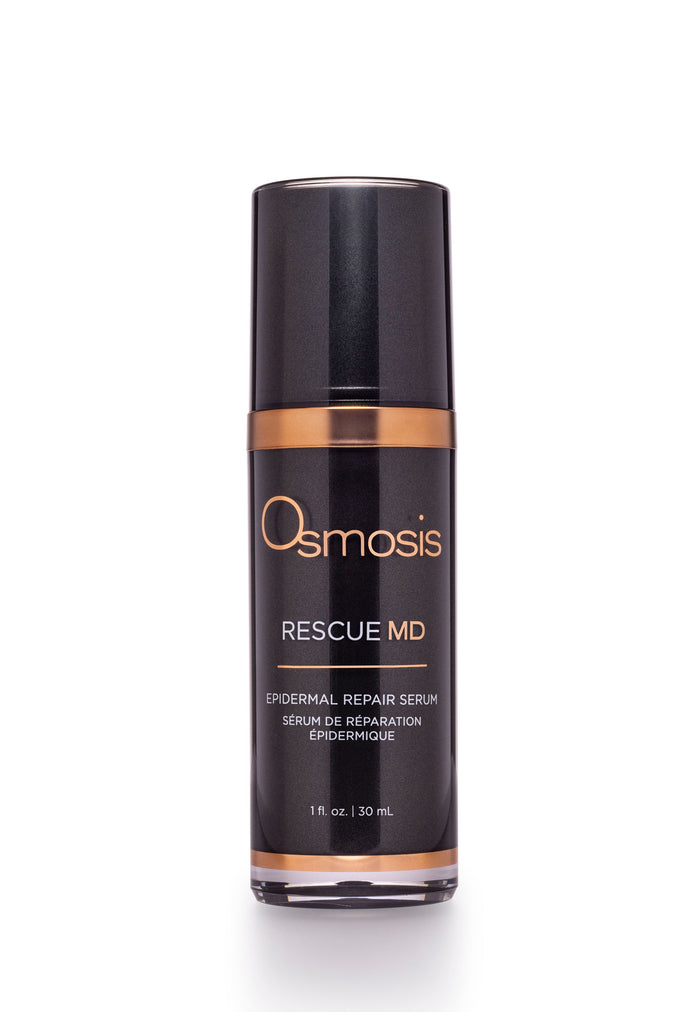 Black bottle of md advanced rescue epidermal repair serum by osmosis is displayed on a white background