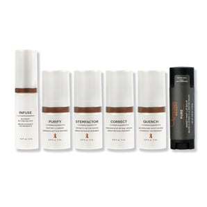 Pearl and bronze colored osmosis skincare bottles displayed in a row on a white background