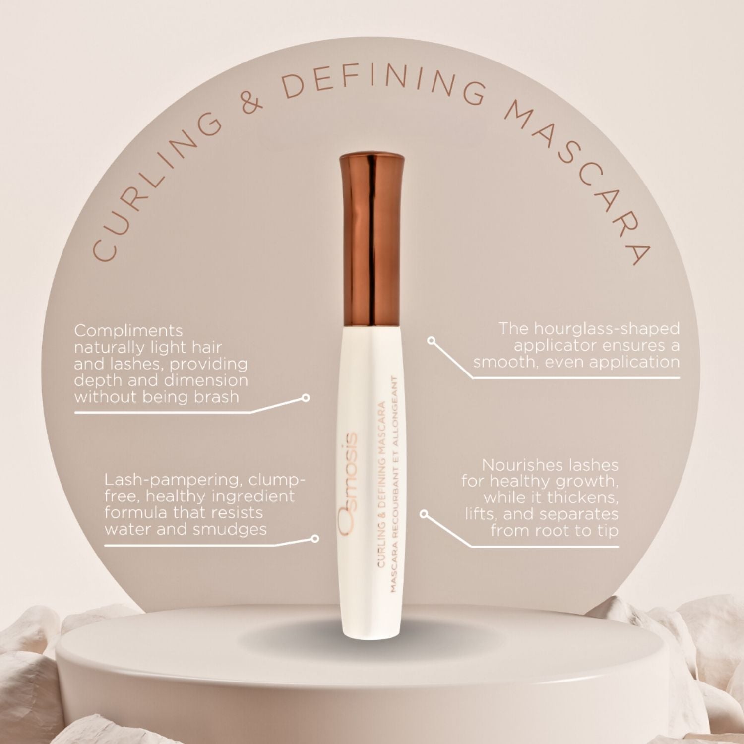 curling and defining mascara with an infograph about benefits
