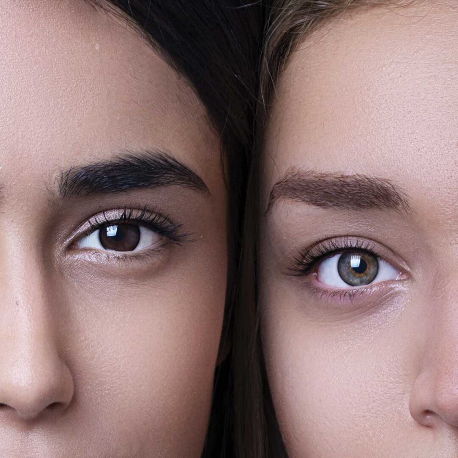 close up with two models eyebrows after using brow pencil and gel