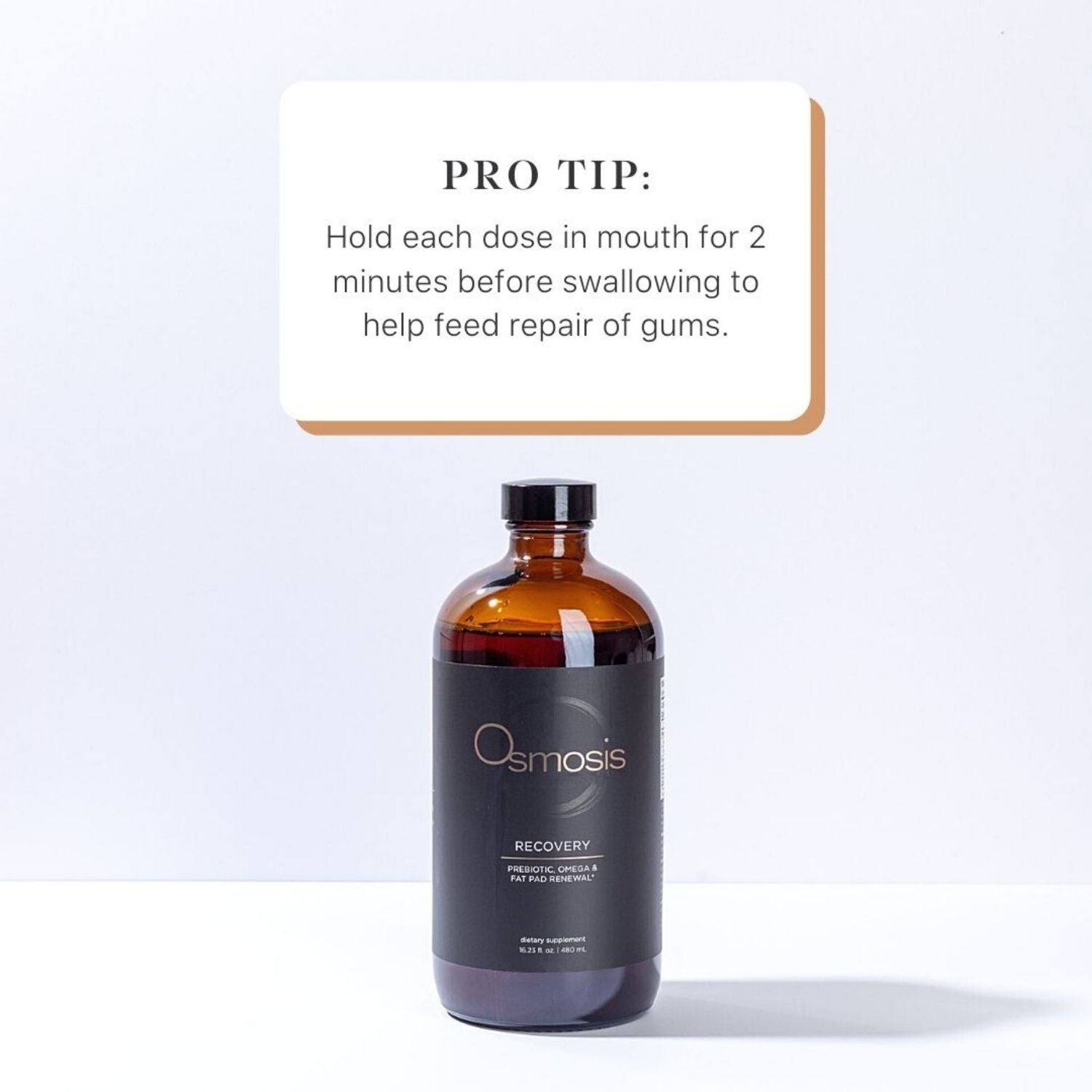 bottle of recovery prebiotic displayed with a pro tip text on white background