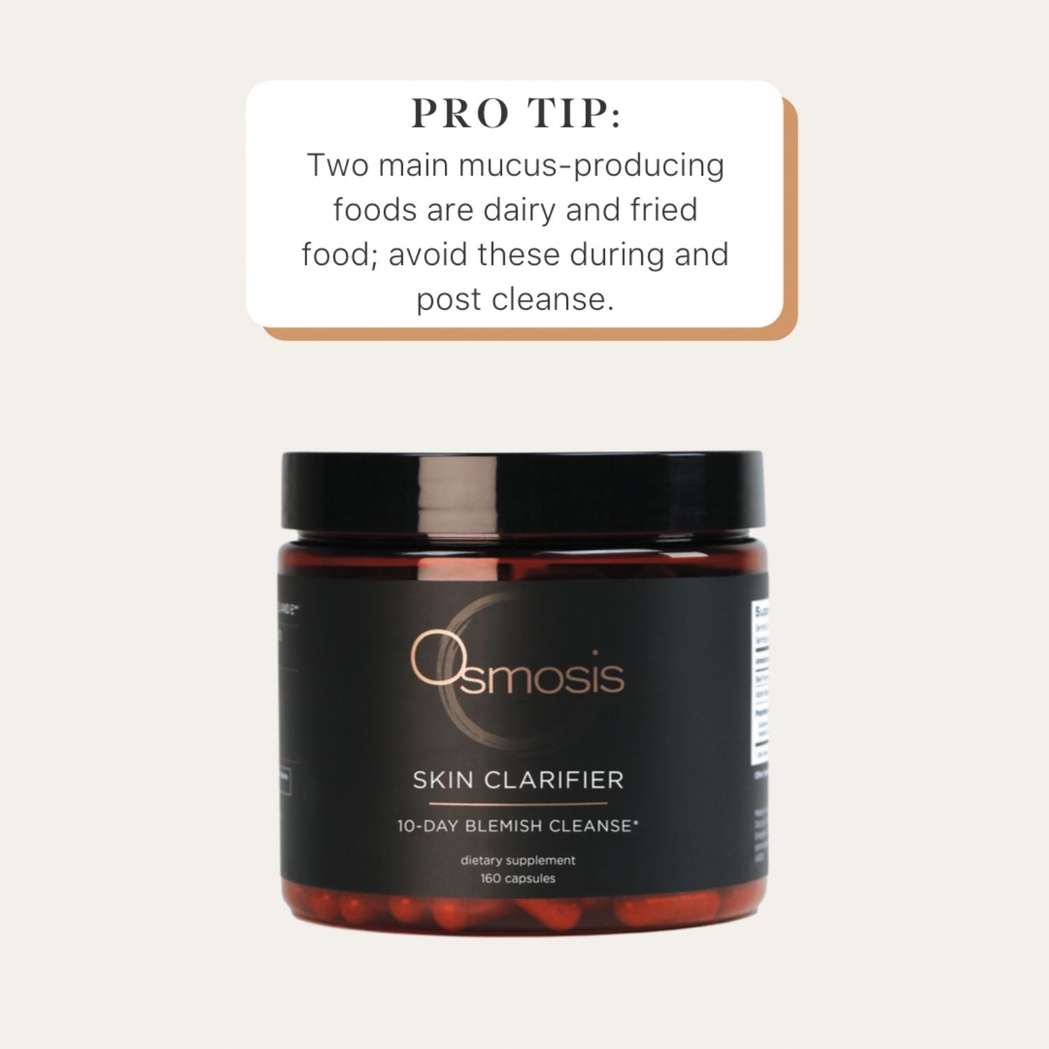 pro tip text paired with skin clarifier supplement capsules container on white background
