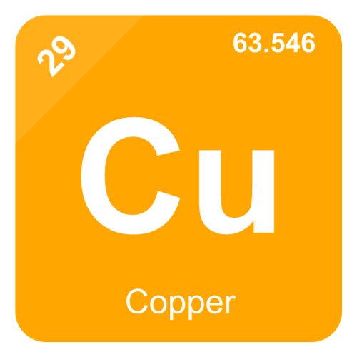 graphic for the periodic table element for copper in orange and white