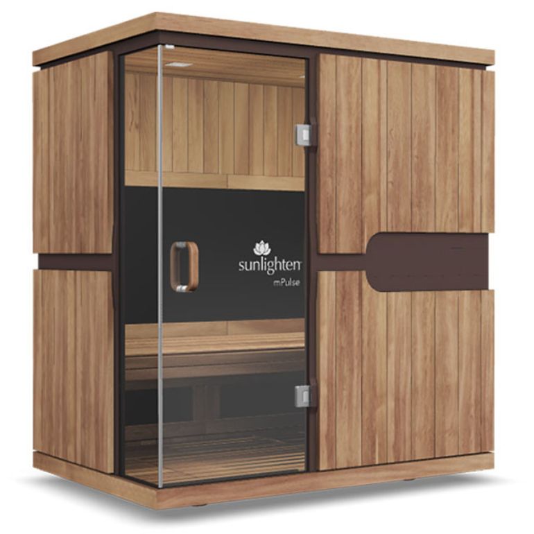 Sunlight square infrared wooden sauna booth displayed on white background
