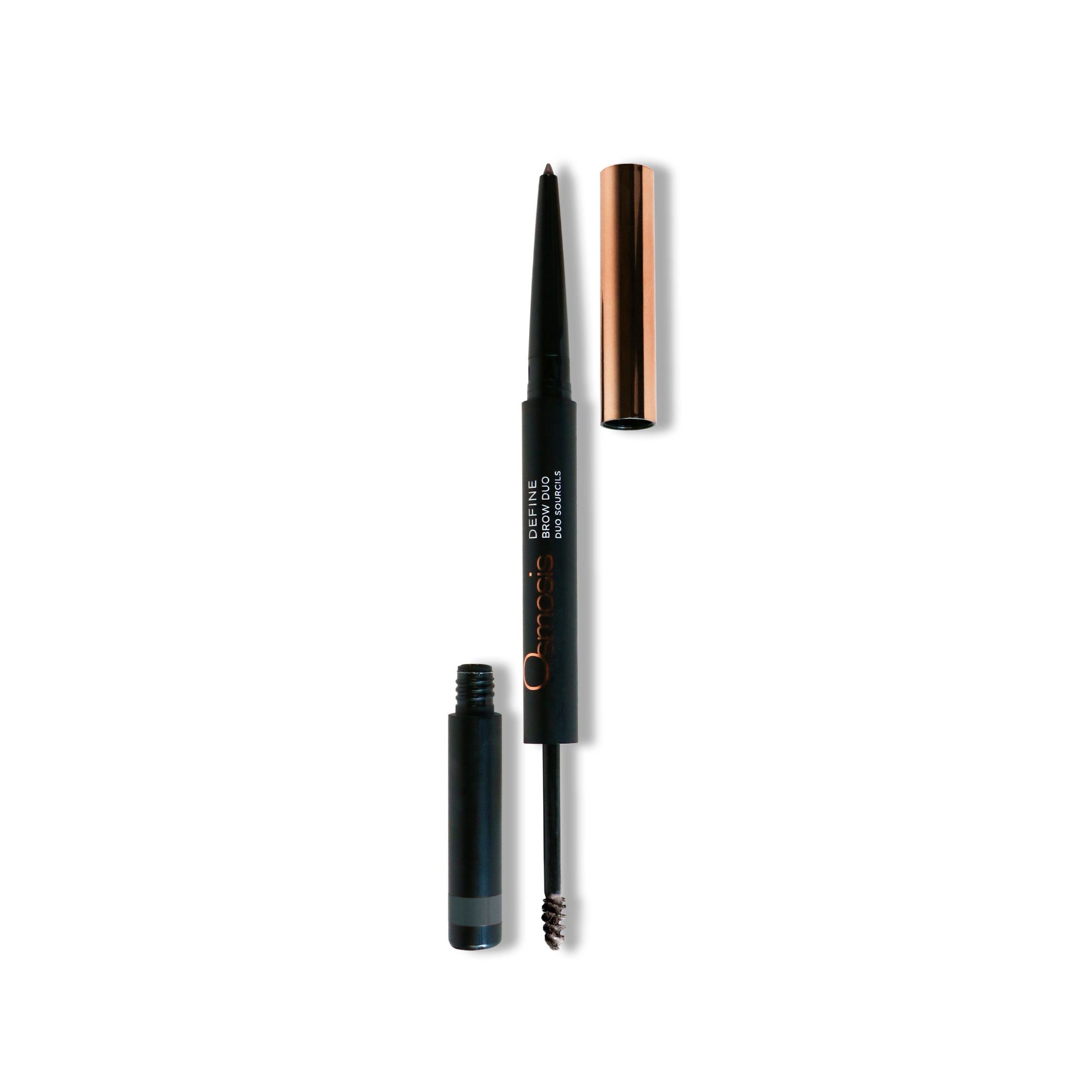 Brow gel and pencil duo color Cocoa by Osmosis Beauty makeup displayed with open caps on white background
