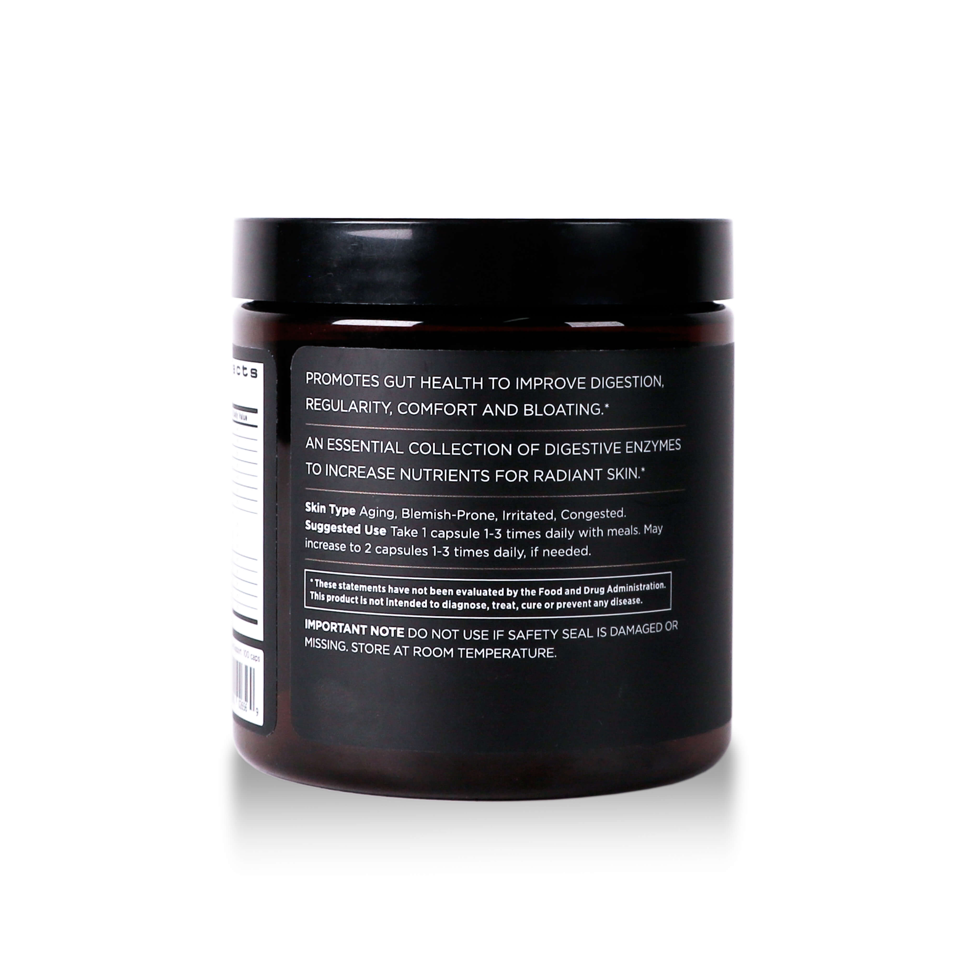 side view of osmosis digestive support supplements in a black container on white background