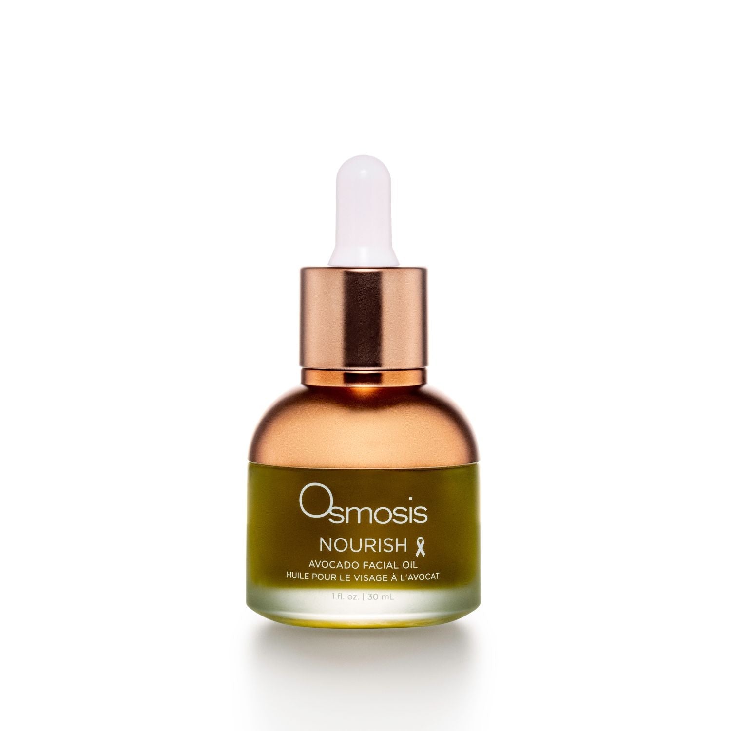 bottle with dropper of osmosis nourish facial oil on a white background