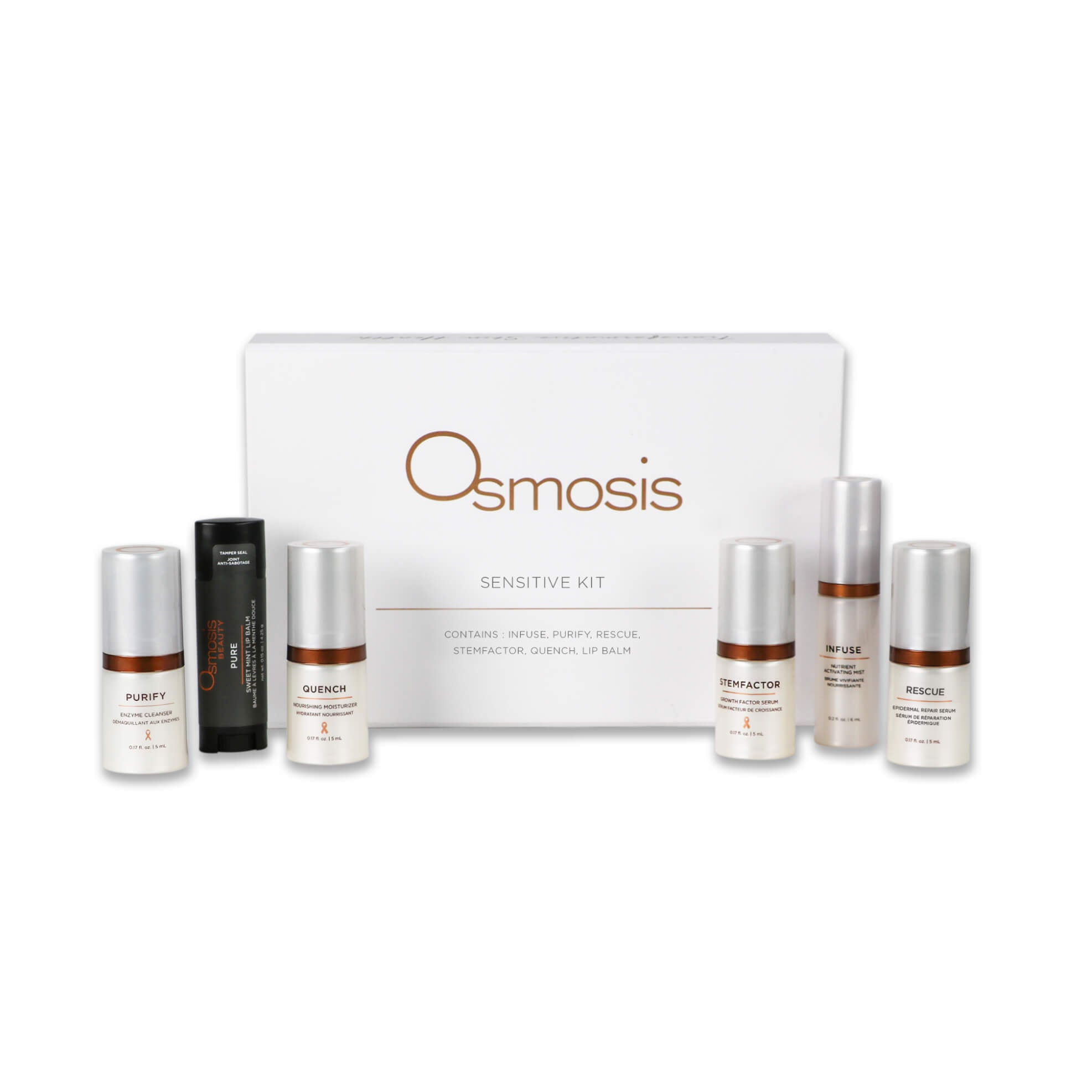 Various osmosis beauty skincare products lined up near box on white background